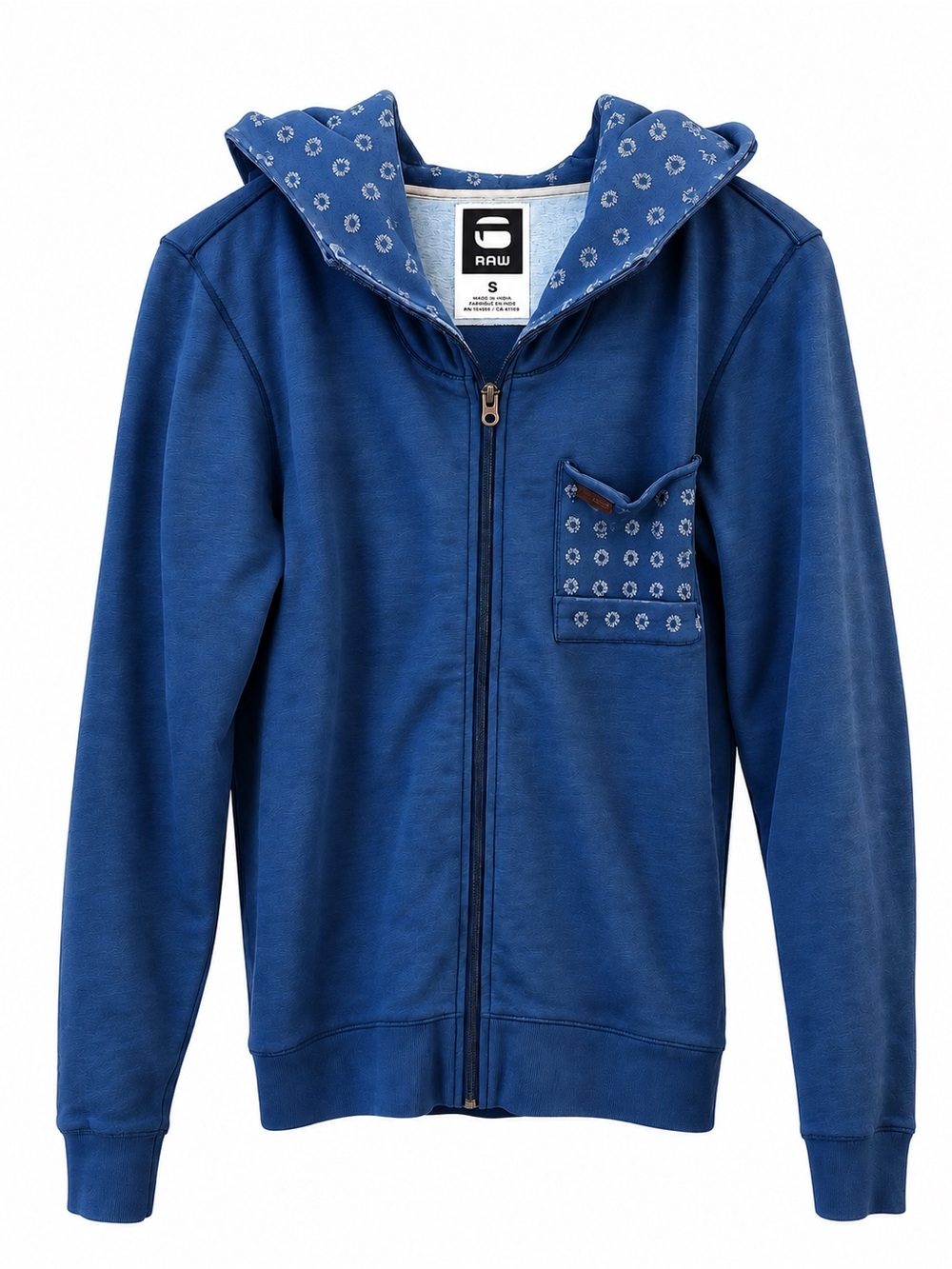 G-Star Blue Zip-Up Hoodie with Patterned Hood and Pocket